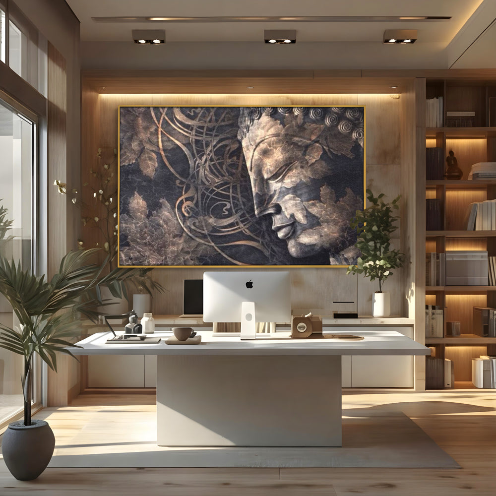 Tablou canvas cu tablou canvas cu profil de buddha, in rama de aluminiu auriu, pe perete intr-un birou